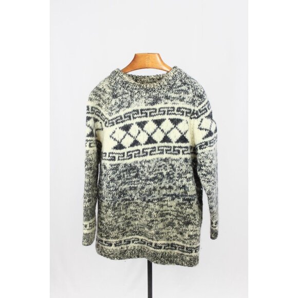 Vintage Black White Marled Wool Ecuador Nepal Scandi Sweater, Size XL - Picture 1 of 13